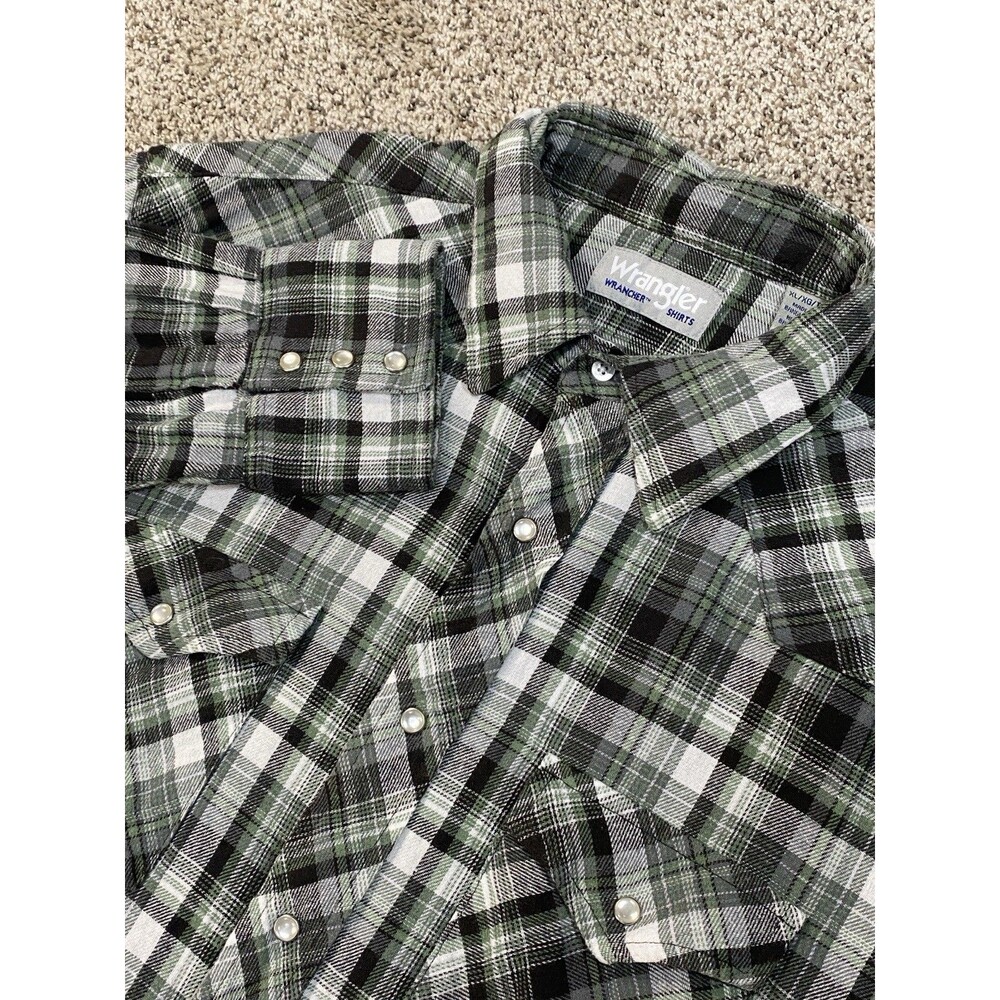 Wrangler Wrancher Pearl Snap Flannel Shirt Mens XL Green Plaid Western Rodeo